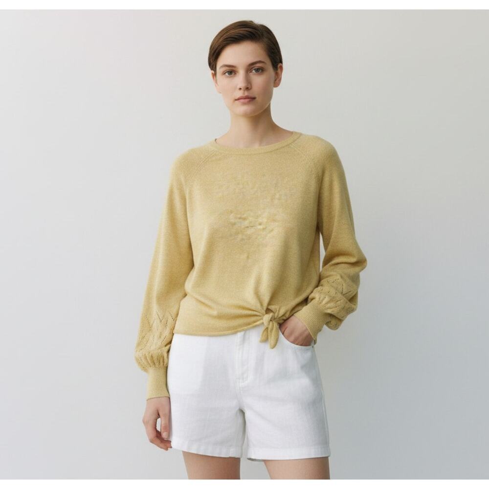 Lauren Conrad Butter Yellow Sweater Sz L Crew Neck Knot Diamond Lace Sleeve EUC